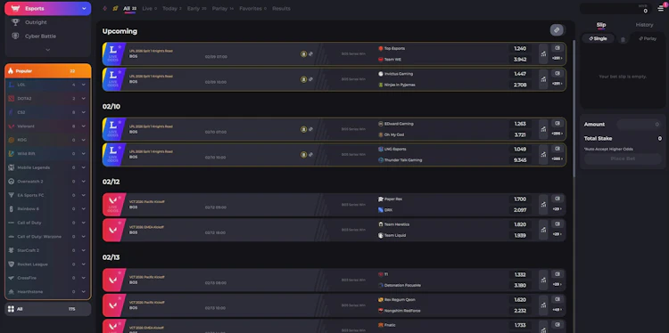 Esports betting section showing upcoming League of Legends and Valorant matches with live odds