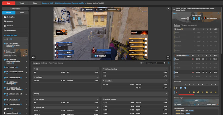 Live CS2 match on Megapari with an embedded stream, in-play markets and per-player statistics