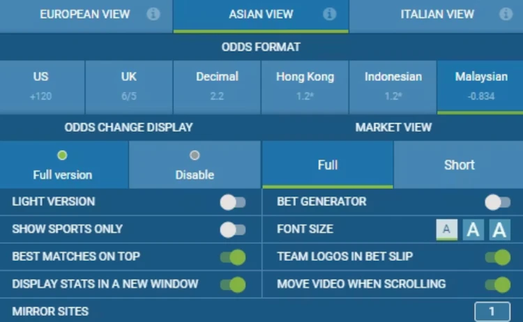 Sportsbook odds format settings showing Malaysian odds option selected
