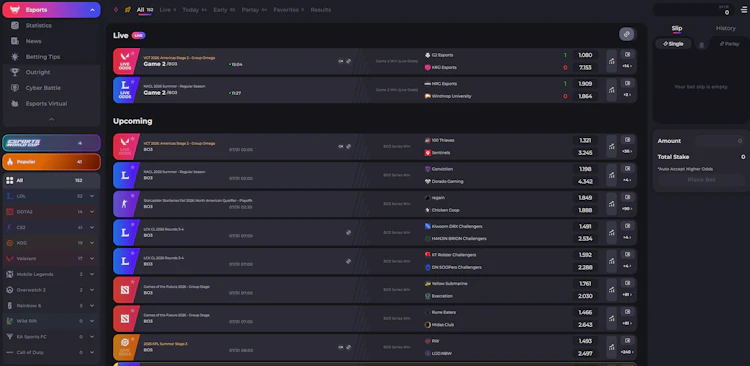 Esports sportsbook interface showing live odds for Valorant, League of Legends, Dota 2 and CS2 matches