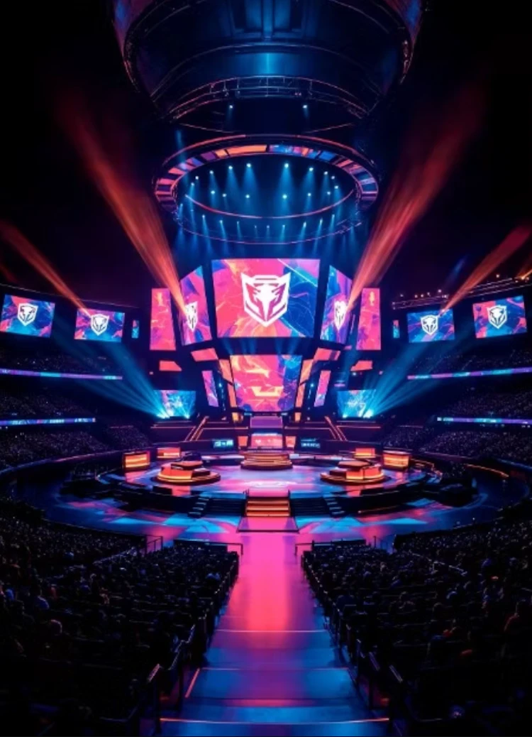 Large esports tournament arena with packed crowd and central stage lighting