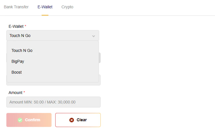 App e-wallet withdrawal screen with Touch n Go, BigPay and Boost in the dropdown