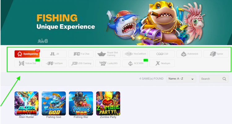 The fishing section displays 14 providers and four Spadegaming games