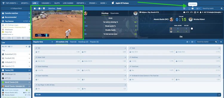 1xBet live streaming a match with the live stream button highlighted