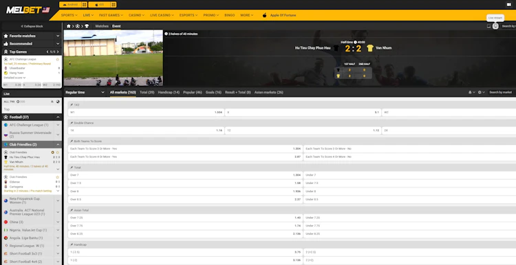 MelBet streaming a lower-tier football match alongside 163 live markets