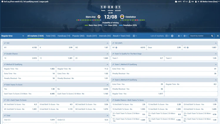 1xBet showing 1,303 betting markets on Arsenal vs Manchester City