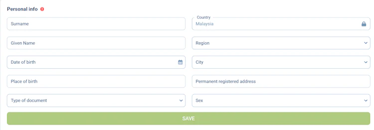 Personal info form for identity verification with name, date of birth, document type and address fields, country locked to Malaysia