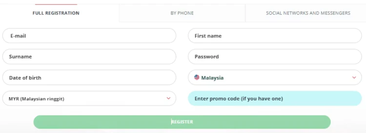 Full registration form on a Malaysian esports betting site with personal detail fields