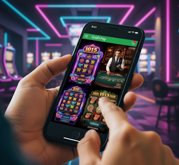 Smartphone held in hand displaying online casino slot games and live dealer interface with a green GrabPay header