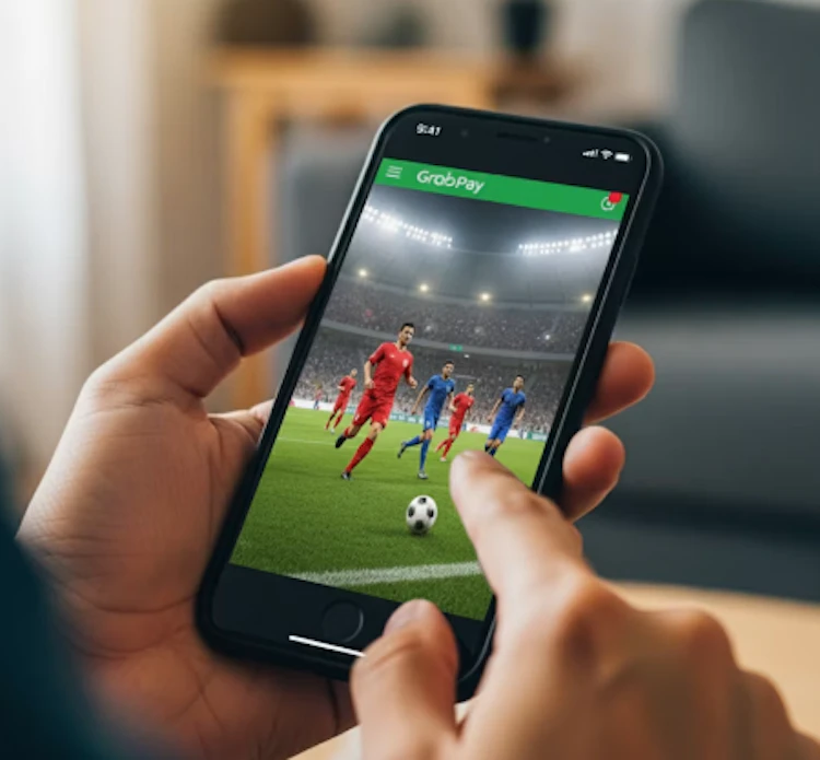 Person holding a smartphone displaying a live football match within a GrabPay branded mobile sportsbook interface