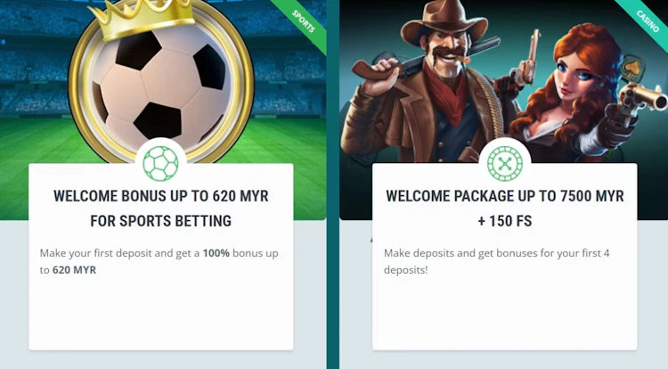 22Bet welcome promotions showing 100 percent sports bonus up to 620 MYR and casino package up to 7500 MYR plus free spins