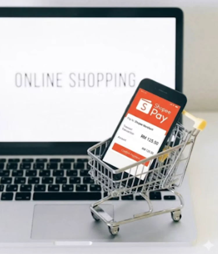A smartphone sitting inside a mini shopping cart on a laptop keyboard, displaying a ShopeePay payment confirmation screen