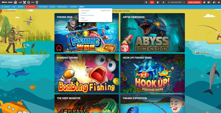 The hunting and fishing games page with Fishing War, Abyss Dimension and Bombing Fishing
