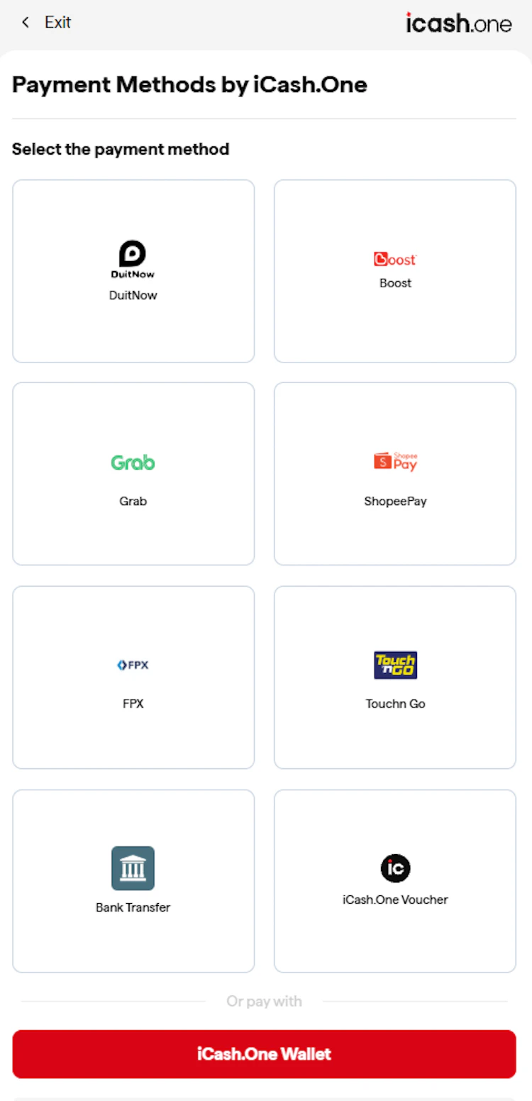 iCash.One payment gateway on Megapari listing DuitNow, Boost, Grab, ShopeePay, FPX, Touch 'n Go and bank transfer