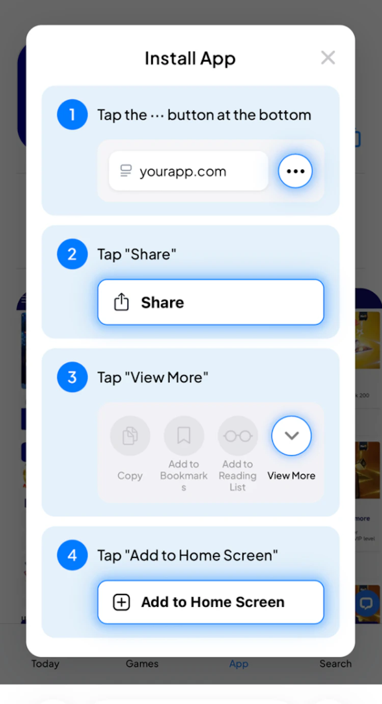 iOS Install App instructions showing the four steps to add AW8 to the home screen