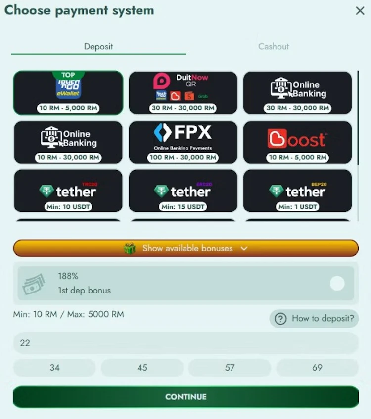 J8DE Casino deposit screen showing Touch n Go, DuitNow QR, online banking, FPX, Boost and USDT with minimum and maximum amounts