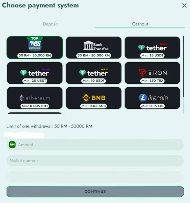 J8DE Casino withdrawal screen showing Touch n Go and bank transfer with a 50 to 50,000 ringgit limit plus crypto minimums