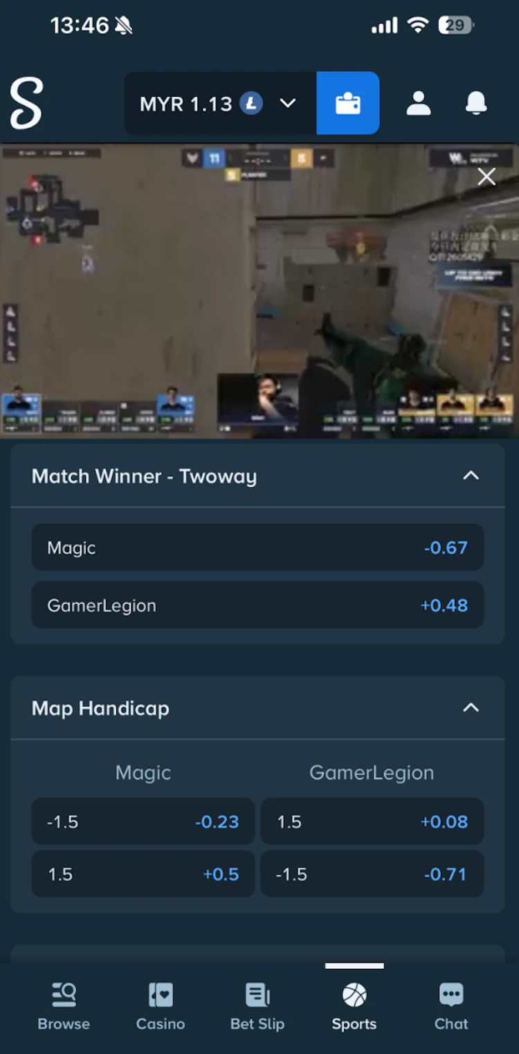 Live CS2 match streaming in the Stake mobile app above Match Winner and Map Handicap markets in Malay odds