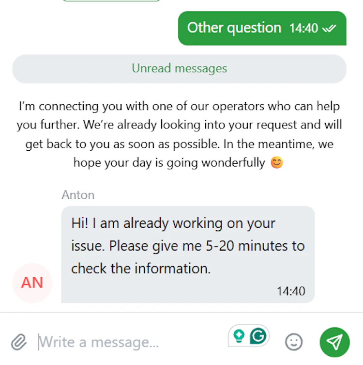 Screenshot of a live chat with an automated greeting followed by a human agent named Anton