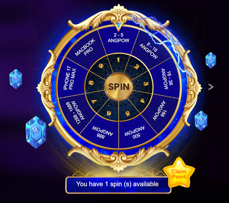 Lucky Wheel with nine prize segments from 2-5 Angpow to an iPhone 17 Pro Max and MacBook Pro