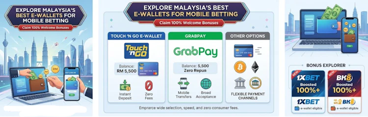 Infographic displaying top Malaysian e-wallets including Touch 'n Go and GrabPay with mobile betting bonuses from 1xBet and BK8