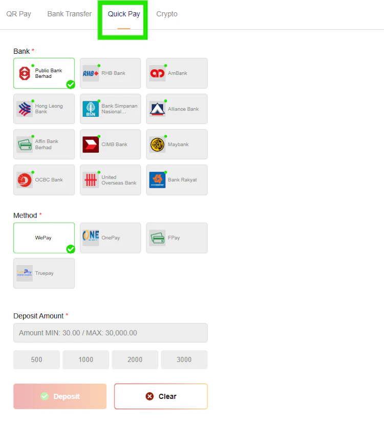 Screenshot of the Quick Pay deposit screen with 12 Malaysian banks and WePay, OnePay, FPay and TruePay gateways