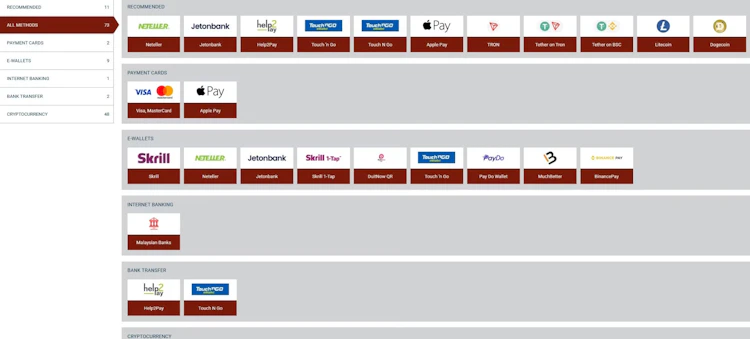 888starz Malaysia deposit page showing 73 methods including Neteller, Jetonbank, Help2Pay, Touch n Go and Apple Pay