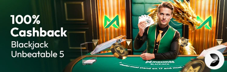 Maxim88 blackjack cashback promotion for losing with five cards under 21