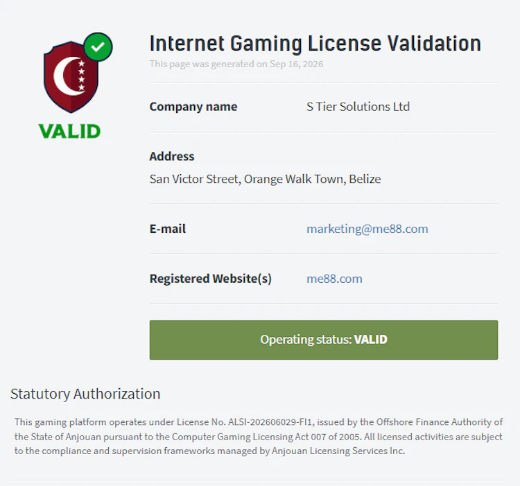 Anjouan Internet Gaming License validation page for me88 showing S Tier Solutions Ltd and status Valid