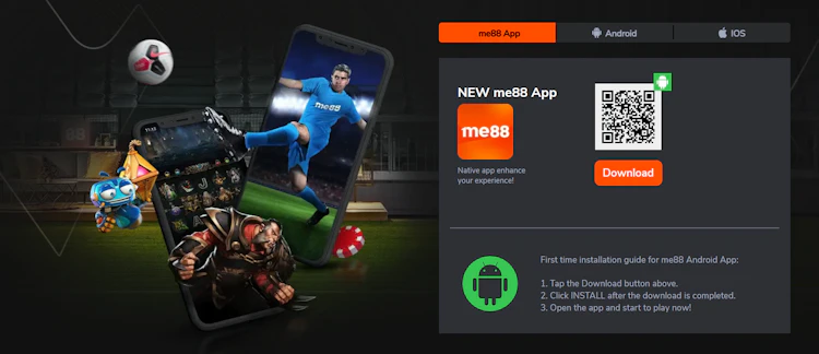 me88 App download page with Android QR code, Download button and a three-step install guide