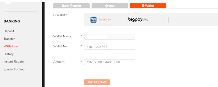 E-Wallet withdrawal tab in the app list: Touch 'n Go and BigPay, with a RM 50 to RM 5,000 limit