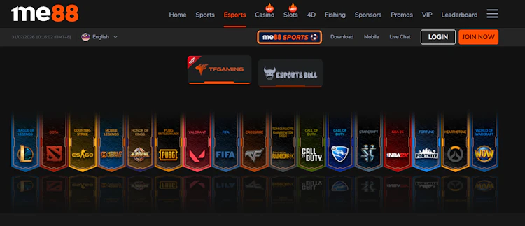 me88 esports betting section showing available games including League of Legends, Dota, CS, Valorant and more