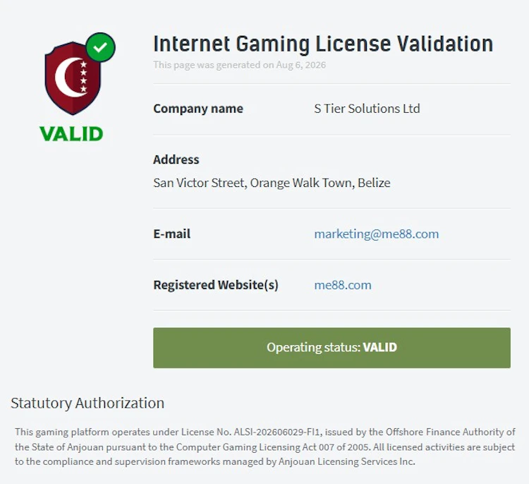 me88 gaming license validation page showing S Tier Solutions Ltd and Anjouan license ALSI-202606029-FI1