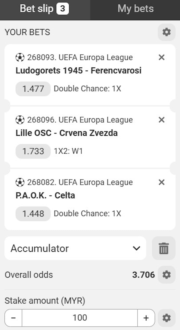 Megapari Accumulator Bet Slip with 3 Selections