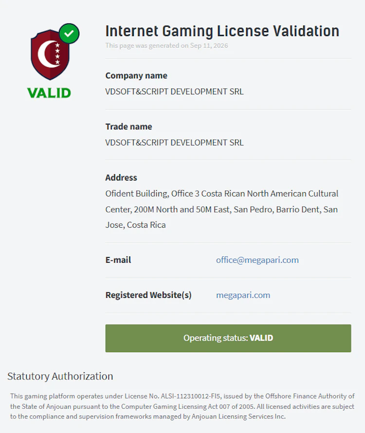 Anjouan Internet Gaming License validation page for megapari.com showing operating status Valid