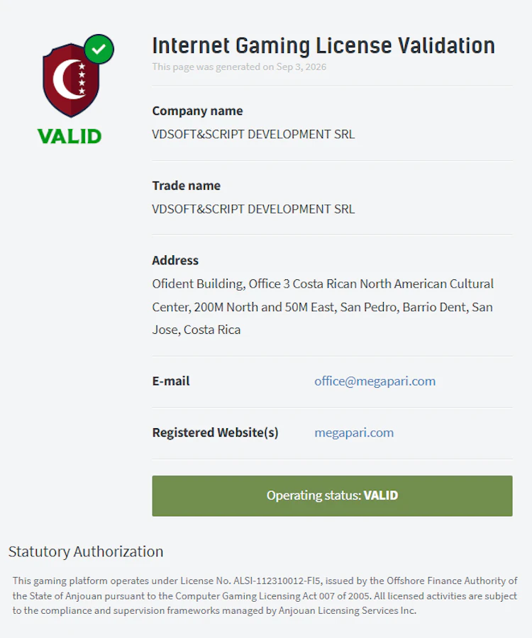 License validation record showing company name, registered website and a valid operating status