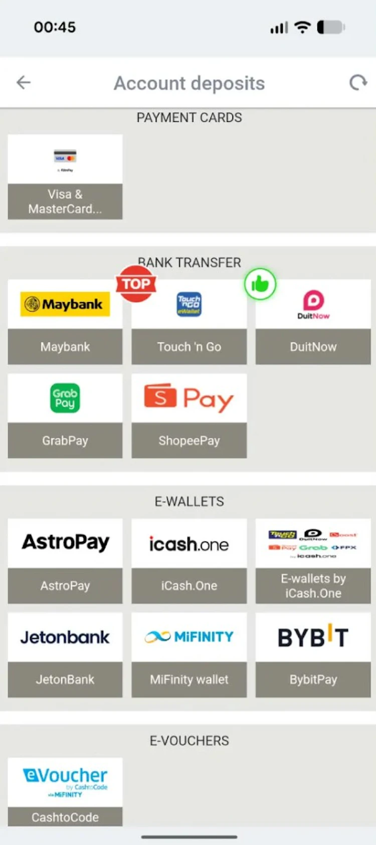 Megapari app deposit page showing Maybank, Touch n Go, DuitNow, GrabPay, ShopeePay and e-wallet options
