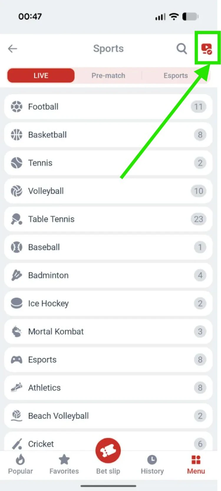 Megapari app live sports list showing football, basketball, tennis, table tennis and esports with event counts