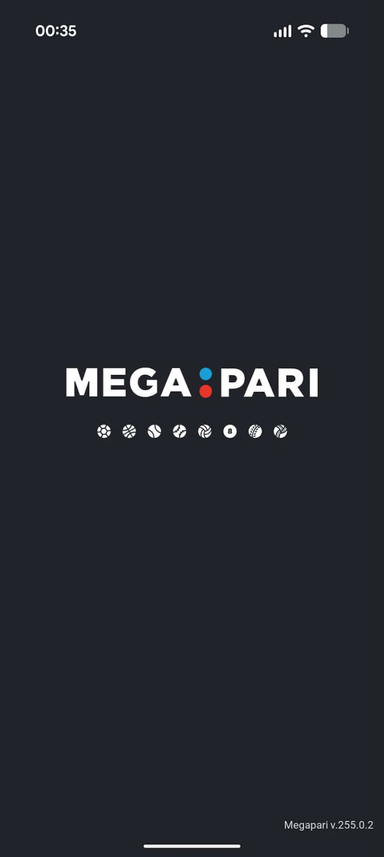 Megapari app loading screen showing version 255.0.2