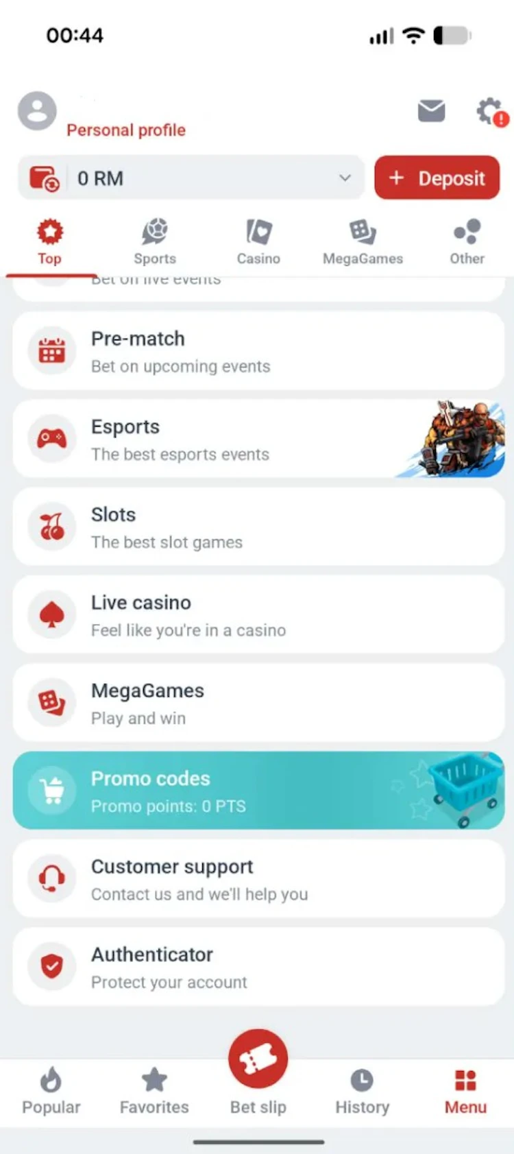 Megapari app main menu showing Top, Sports, Casino, MegaGames and Other tabs
