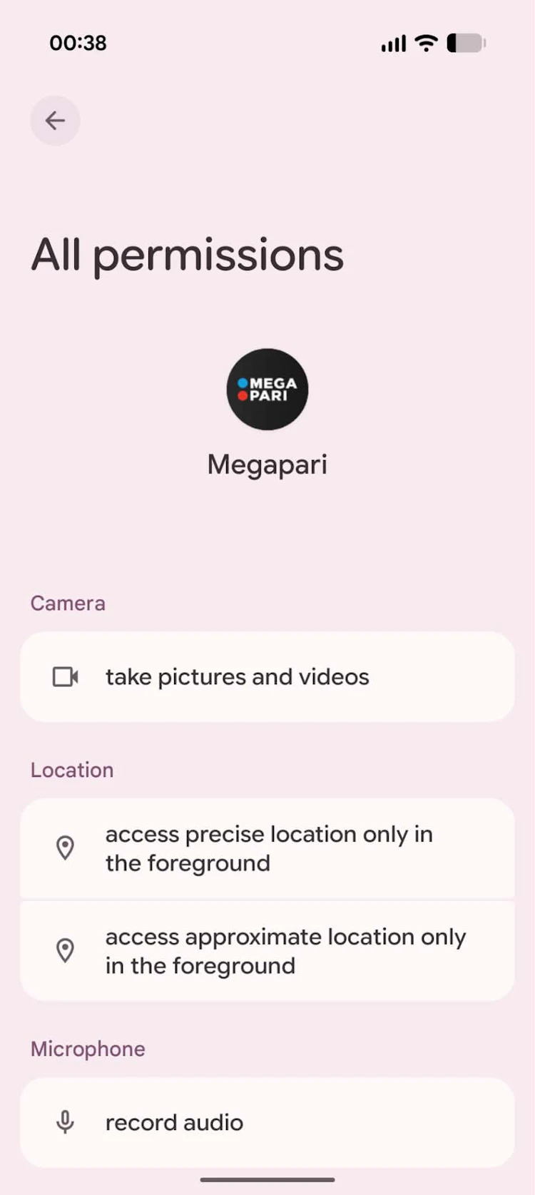 Megapari app permissions showing camera, location and microphone access