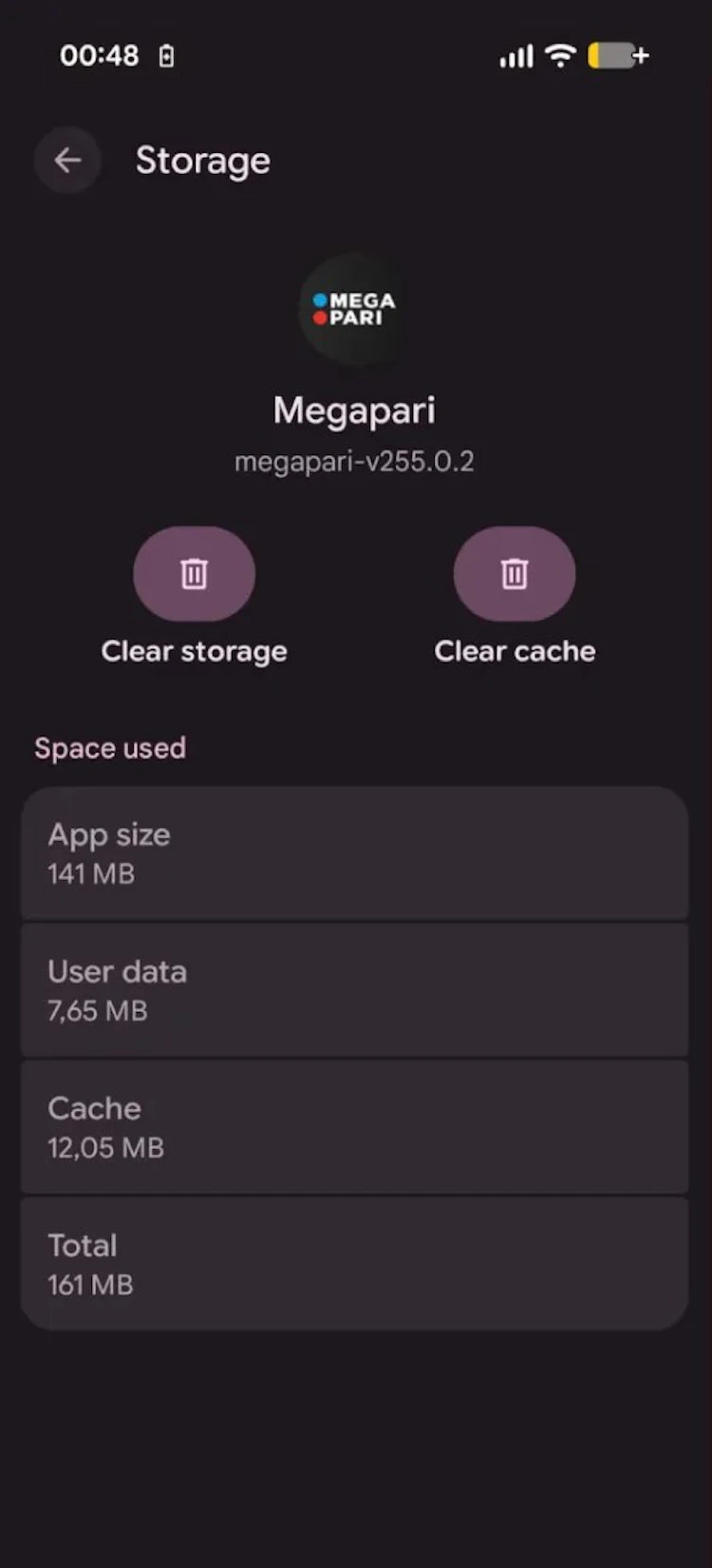 Megapari app storage page showing 141 MB app size and 161 MB total