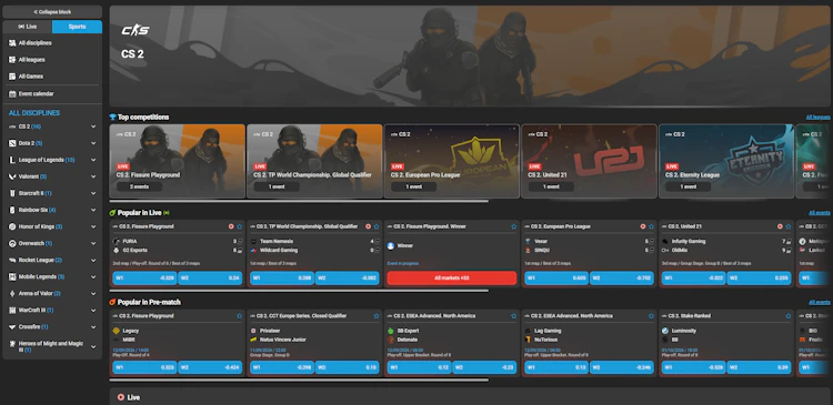 The esports lobby showing CS2 tournaments and a list of 15 disciplines including Mobile Legends and Honor of Kings