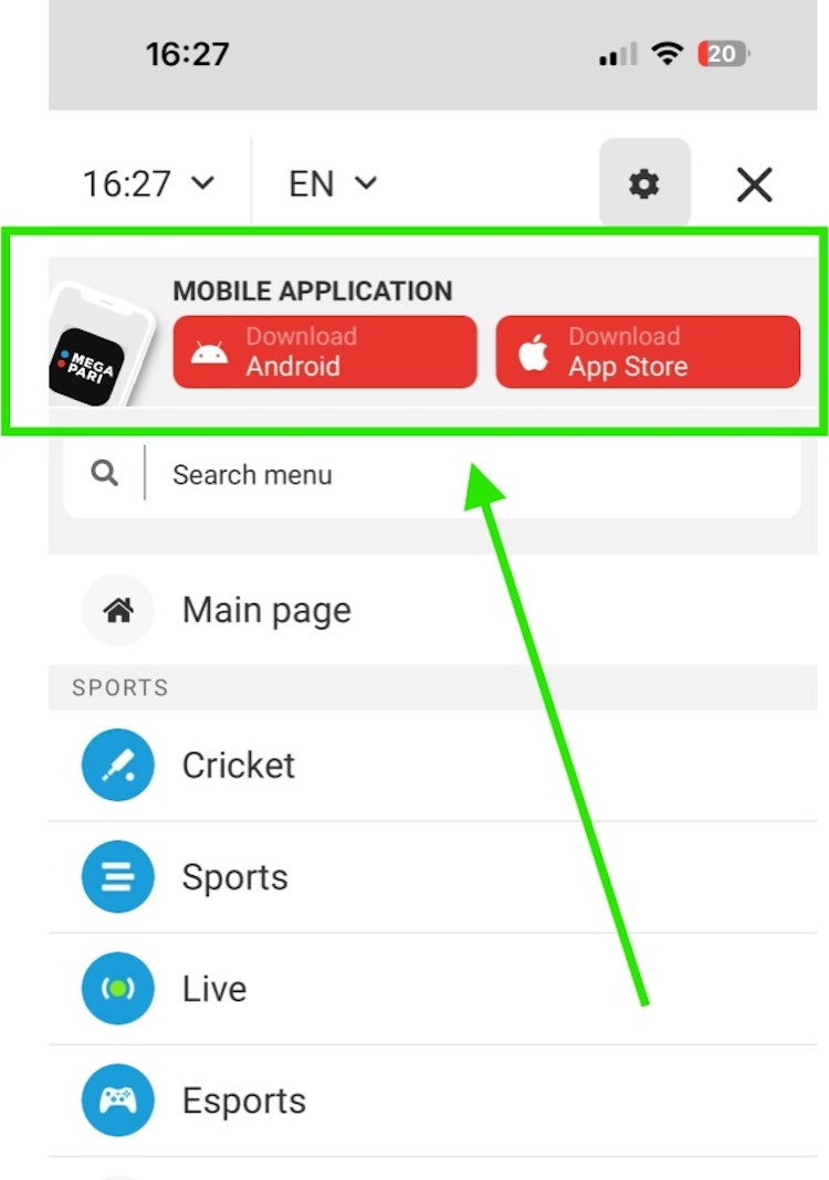 Megapari App Download Page in Main Menu