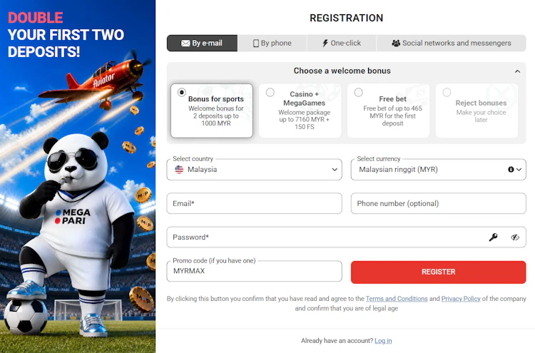 Megapari registration form for Malaysia with RM selected and MYRMAX in the promo code field