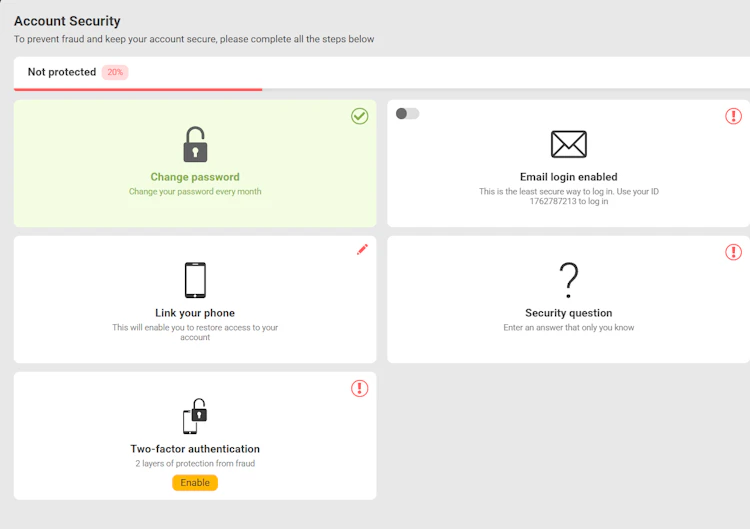 MelBet Account Security page showing the protection meter and outstanding setup steps