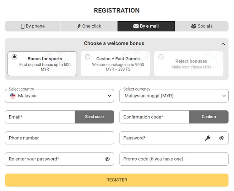 MelBet registration by email with confirmation code and password fields