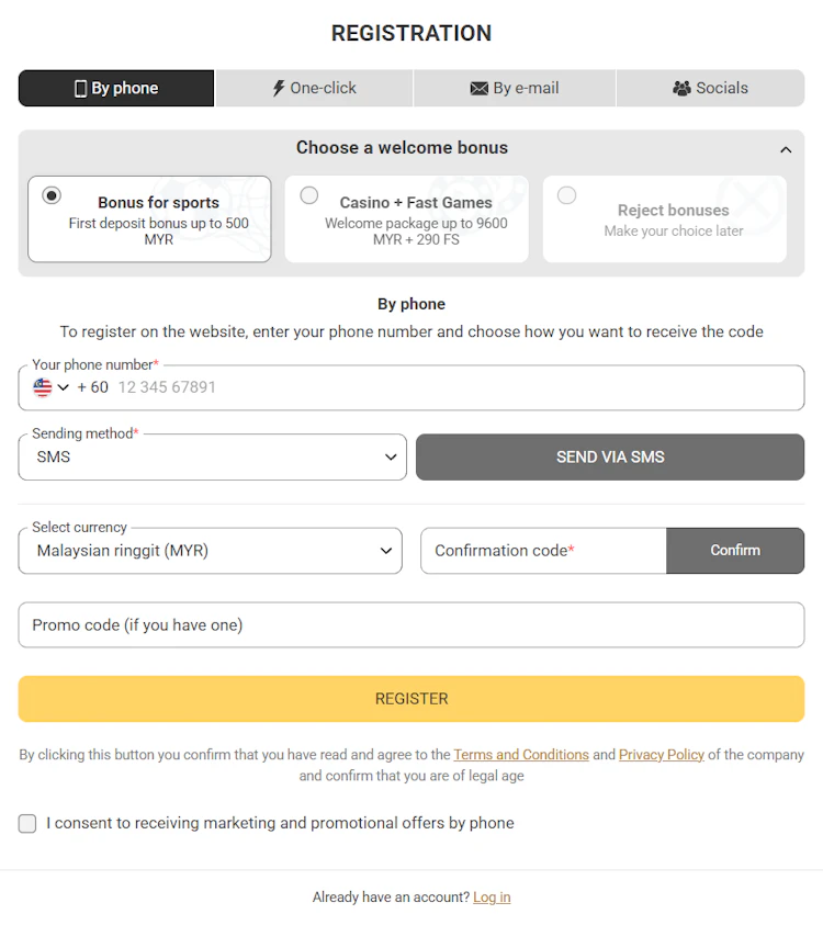 MelBet registration by phone with the Malaysian +60 prefix selected
