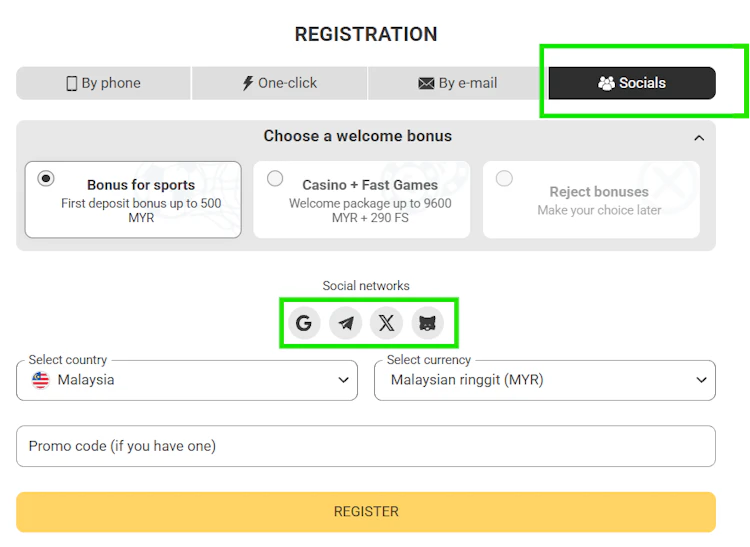 MelBet registration via social networks including Google, Telegram and X