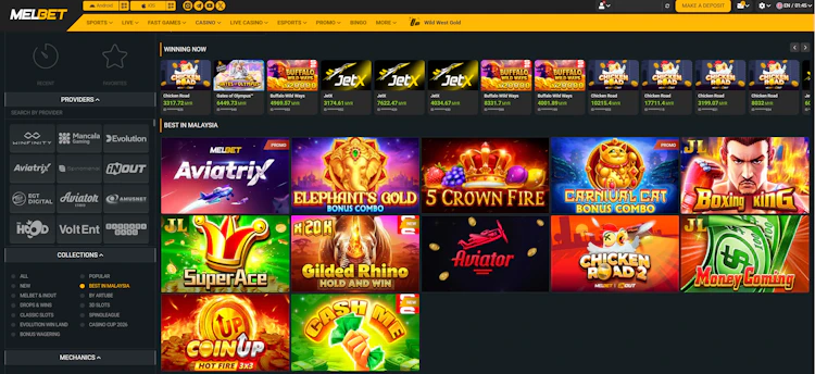 MelBet casino lobby with the Best in Malaysia collection selected